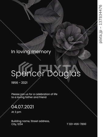 Modern memorial and funeral invitation card template design, dark grey decorated with semi-double Camellia flower and leaves Modern memorial and funeral invitation card template design, dark grey decorated with semi-double Camellia flower and leaves 137834476