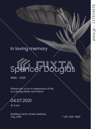 Modern memorial and funeral invitation card template design, dark blue decorated with heliconia rostrata flower and leaves 137834478