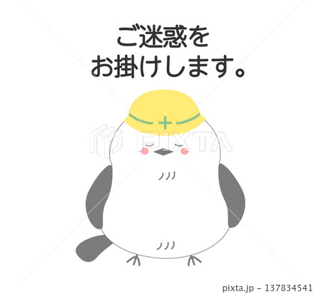 工事ヘルメットをかぶり「ご迷惑をおかけします」と伝えるシマエナガのイラスト 工事ヘルメットをかぶり「ご迷惑をおかけします」と伝えるシマエナガのイラスト 137834541