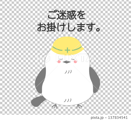 工事ヘルメットをかぶり「ご迷惑をおかけします」と伝えるシマエナガのイラスト 工事ヘルメットをかぶり「ご迷惑をおかけします」と伝えるシマエナガのイラスト 137834541