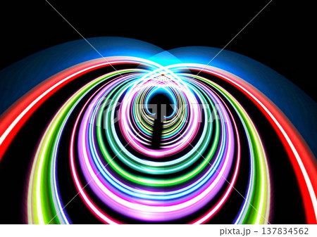 黒背景に渦巻くカラフルなネオン光の線　テクノロジー・デジタル背景 137834562