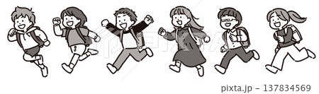 ランドセルを背負って走る小学生の男の子と女の子の子供たちのモノクロイラスト ランドセルを背負って走る小学生の男の子と女の子の子供たちのモノクロイラスト 137834569