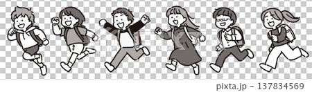 A monochrome illustration of a boy and a girl, both elementary school children, running with their school bags on their backs. 137834569