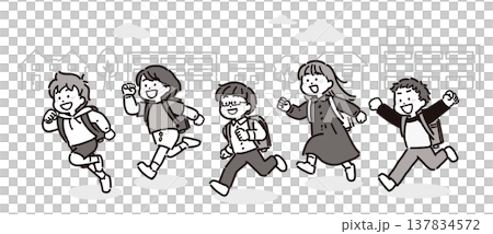 一幅黑白插圖，描繪了一群背著書包的小學生在鎮上奔跑的情景。 137834572