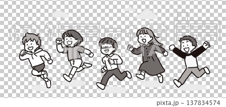 A monochrome illustration of a group of elementary school boys and girls running through town. A monochrome illustration of a group of elementary school boys and girls running through town. 137834574