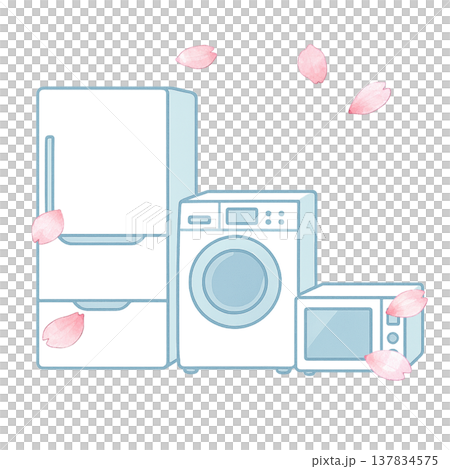 家用電器套裝：冰箱、洗衣機、微波爐。新生活主題。櫻花水彩插畫。 137834575