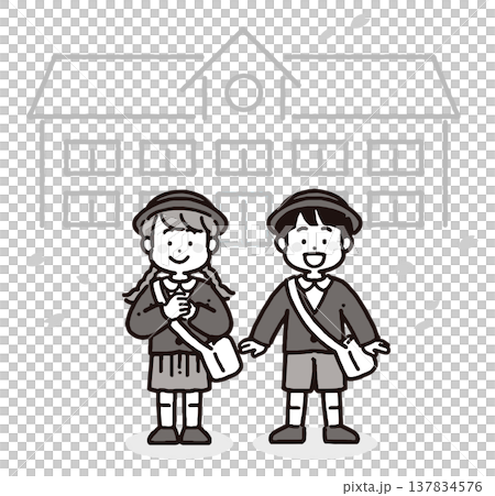 一幅黑白插圖，描繪了身穿校服的男孩和女孩在漫天櫻花中微笑的場景。 137834576