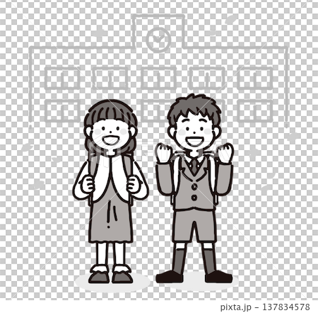 桜吹雪の中、笑顔の男の子と女の子の小学生のモノクロイラスト 137834578