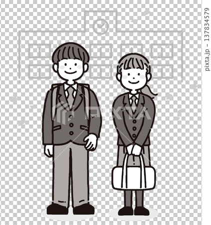 一幅黑白插圖，描繪了面帶微笑的男孩和女孩（初中生和高中生），置身於漫天櫻花之中。 137834579