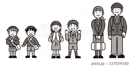 制服姿の園児、小学生、中学生・高校生の笑顔の立ち姿のモノクロイラストセット 制服姿の園児、小学生、中学生・高校生の笑顔の立ち姿のモノクロイラストセット 137834580