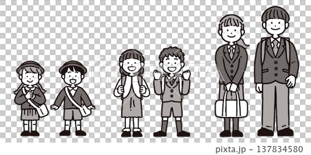 制服姿の園児、小学生、中学生・高校生の笑顔の立ち姿のモノクロイラストセット 制服姿の園児、小学生、中学生・高校生の笑顔の立ち姿のモノクロイラストセット 137834580