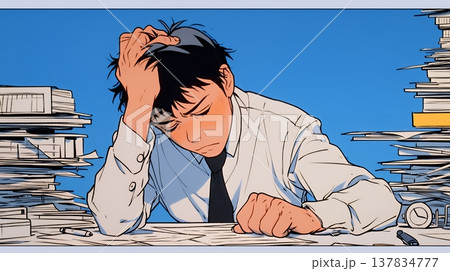 深夜残業で疲弊する会社員｜過労とストレスに悩むビジネスパーソン（ブラック企業イメージ）