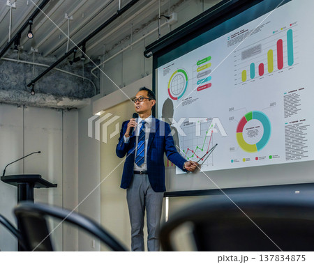 マイクを持つ講師がプレゼン中 137834875
