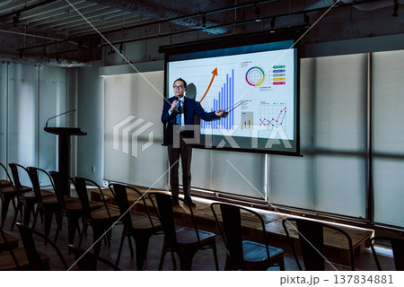 広い会場でプレゼンする講師の全身 137834881