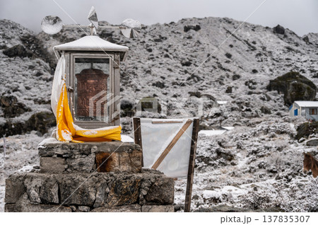 Wind powered prayer wheel in Kyanjin Gompa village of Nepal. Wind powered prayer wheel in Kyanjin Gompa village of Nepal. 137835307