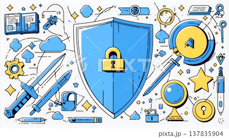 サイバーセキュリティ対策の重要性｜ロックとシールドで守る情報保護のビジネスバナー素材