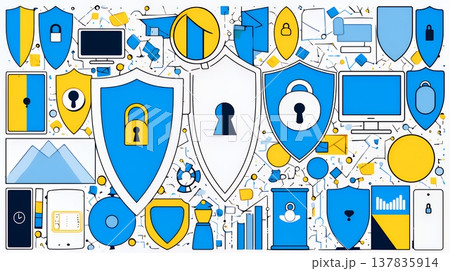 サイバーセキュリティ対策の重要性｜ロックとシールドで守る情報保護のビジネスバナー素材