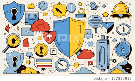 サイバーセキュリティ対策の重要性｜ロックとシールドで守る情報保護のビジネスバナー素材