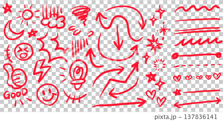 Versatile hand-drawn illustrations: arrows, sparkles, facial expressions, anxiety, thumbs-up, weather. 137836141