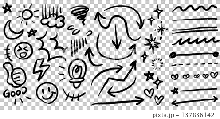 Versatile hand-drawn illustrations: arrows, sparkles, facial expressions, anxiety, thumbs-up, weather. 137836142