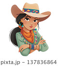 Confident female cowboy hat turquoise earring orange scarf green shirt braided hair bracelet western style cartoon smiling 137836864