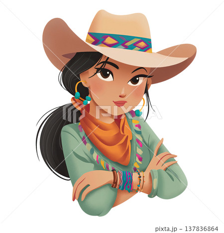 Confident female cowboy hat turquoise earring orange scarf green shirt braided hair bracelet western style cartoon smiling 137836864