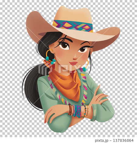 Confident female cowboy hat turquoise earring orange scarf green shirt braided hair bracelet western style cartoon smiling 137836864