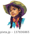 Young girl braided hair wide brimmed hat colorful scarf blue shirt thoughtful expression portrait illustration vibrant color traditional clothing 137836865