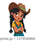 Cowgirl cartoon girl hat braid denim yellow cheerful confident child western illustration character young smiling arms crossed playful cute animated fashion blue brown red traditional rural 137836866