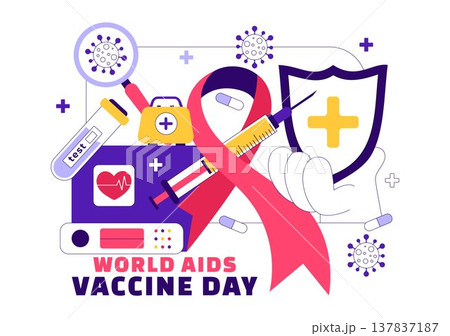 World AIDS Vaccine Day Vector Illustration Featuring Red Ribbon Awareness, Syringe Shield Protection, Immunization Campaign and Global Health Design World AIDS Vaccine Day Vector Illustration Featuring Red Ribbon Awareness, Syringe Shield Protection, Immunization Campaign and Global Health Design 137837187