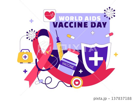 World AIDS Vaccine Day Vector Illustration Featuring Red Ribbon Awareness, Syringe Shield Protection, Immunization Campaign and Global Health Design 137837188