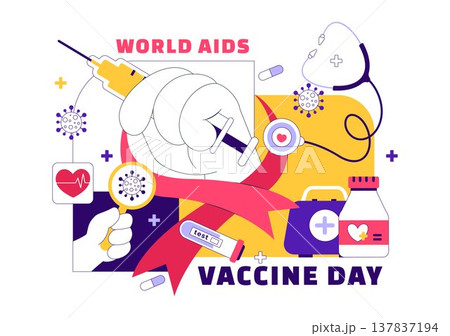 World AIDS Vaccine Day Vector Illustration Featuring Red Ribbon Awareness, Syringe Shield Protection, Immunization Campaign and Global Health Design 137837194