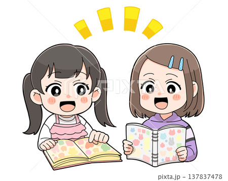 シール交換をする小学生の女の子のイラスト シール交換をする小学生の女の子のイラスト 137837478