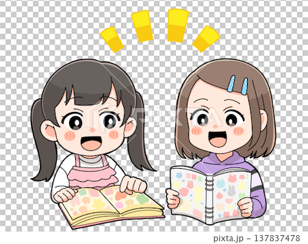 シール交換をする小学生の女の子のイラスト シール交換をする小学生の女の子のイラスト 137837478