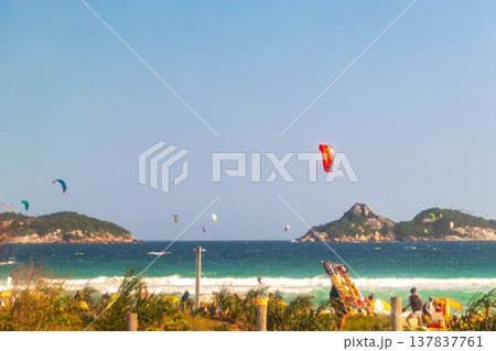 Tropical Barra da Tijuca Beach Parasol People Rio de Janeiro Brazil. Tropical Barra da Tijuca Beach Parasol People Rio de Janeiro Brazil. 137837761