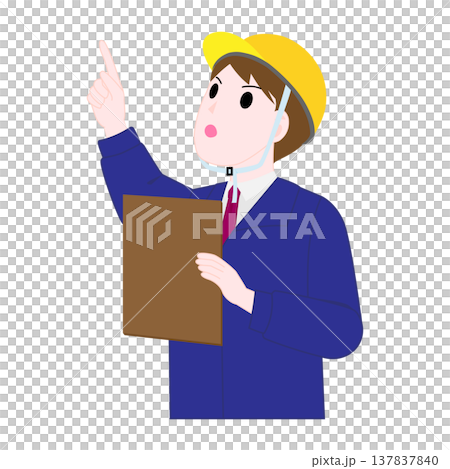 An illustration of a man in a helmet and work clothes making a pointing gesture. 137837840