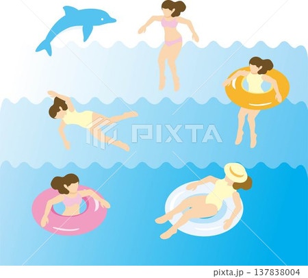 アイソメトリックな水着の女性セット プールや海水浴で泳ぐ人物のイラスト 137838004