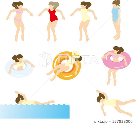 アイソメトリックな水着の女性セット プールや海水浴で泳ぐ人物のイラスト アイソメトリックな水着の女性セット プールや海水浴で泳ぐ人物のイラスト 137838006