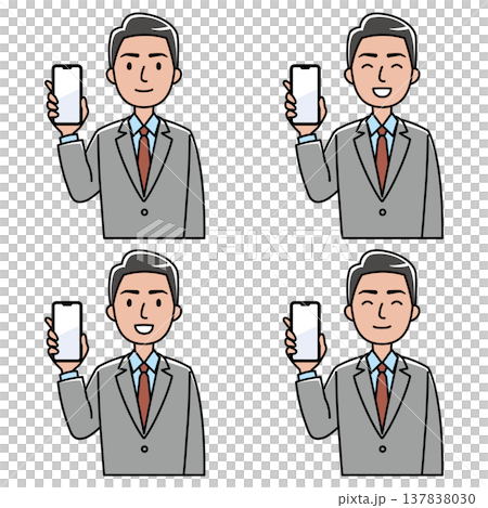 スマホの画面を見せるスーツの外国人男性のイラスト（カラー） 137838030
