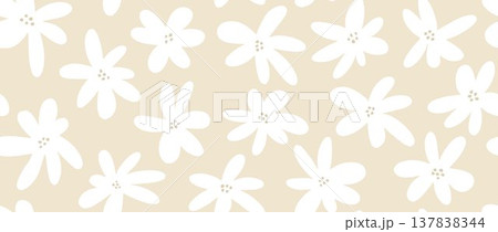 Beige white flower seamless pattern background. Cute hand drawn floral repeated wallpaper. Romantic blossom motif for textile print, fabric swatch, dress ornament, wrapping paper. Vector Beige white flower seamless pattern background. Cute hand drawn floral repeated wallpaper. Romantic blossom motif for textile print, fabric swatch, dress ornament, wrapping paper. Vector 137838344