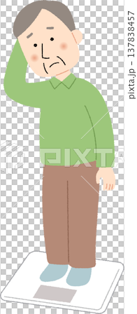 困った表情で体重計に乗る高齢男性 137838457
