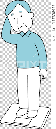 一張黑白照片，照片中一位表情憂慮的老者站在體重計上。 137838458