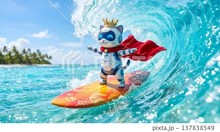 美しい南の海でサーフィンする王冠マントの子猫ロボット 137838549