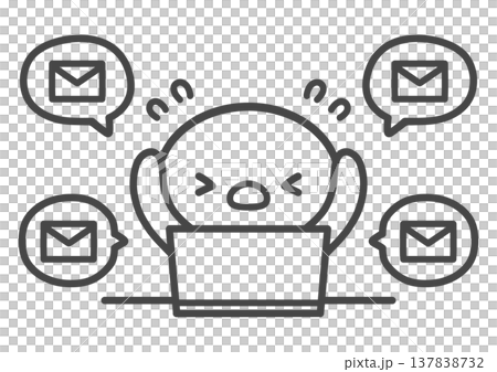 一幅手繪線條藝術插圖，描繪了一隻被電子郵件淹沒的小雞，象徵著工作壓力、工作量過大和恐慌。 137838732