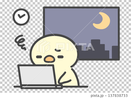 残業で疲れて眠そうなひよこの手書きイラスト 夜遅くまで仕事をする様子 137838733