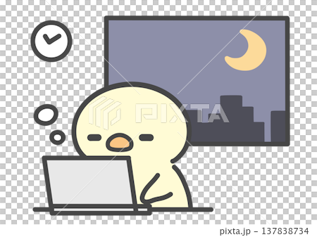 一幅手繪插圖，描繪了一隻小雞在加班時感到困倦的情景。 137838734