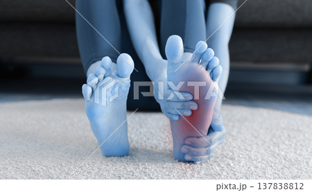 Asian woman standing and massaging her painful heel with red highlight. Heel spur, plantar fasciitis, Achilles tendonitis and foot injury concept for health care, physical therapy and medicine. Asian woman standing and massaging her painful heel with red highlight. Heel spur, plantar fasciitis, Achilles tendonitis and foot injury concept for health care, physical therapy and medicine. 137838812
