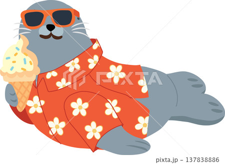 funny seal character in hawaiian shirt enjoying ice cream by seaside summer lifestyle funny seal character in hawaiian shirt enjoying ice cream by seaside summer lifestyle 137838886