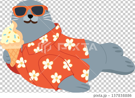 funny seal character in hawaiian shirt enjoying ice cream by seaside summer lifestyle funny seal character in hawaiian shirt enjoying ice cream by seaside summer lifestyle 137838886
