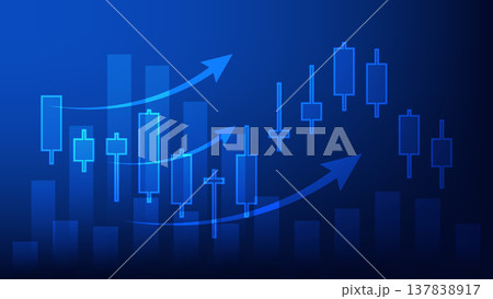 finance business and investment growth. candlesticks with bar chart and arrow up on blue background finance business and investment growth. candlesticks with bar chart and arrow up on blue background 137838917